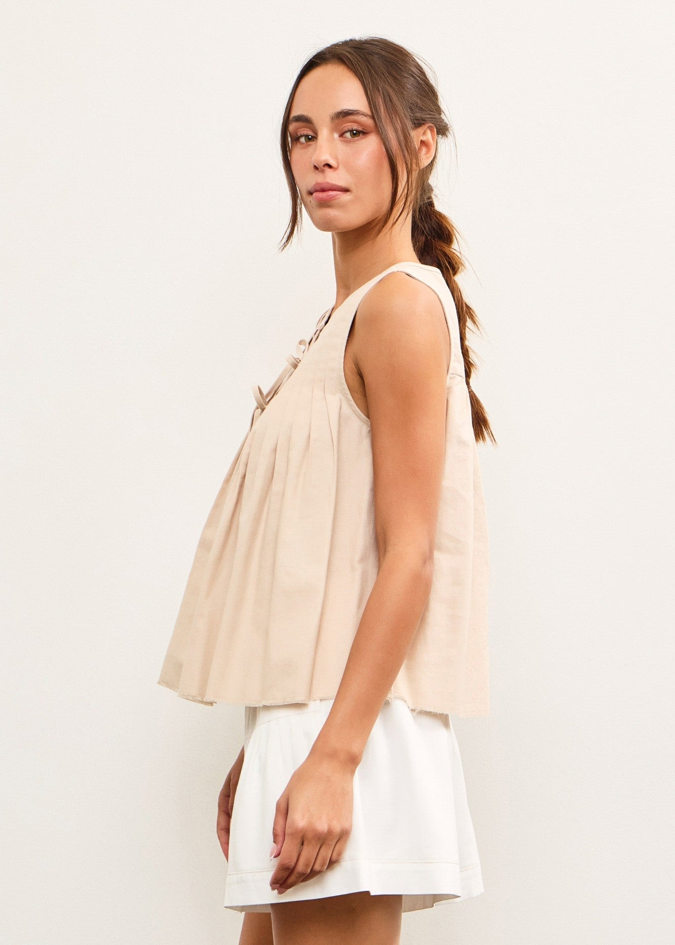 V-NECK TIE FRONT PLEATED TOP – LIGHTWEIGHT, FEMININE, AND EASY TO STYLE ECO FRIENDLY