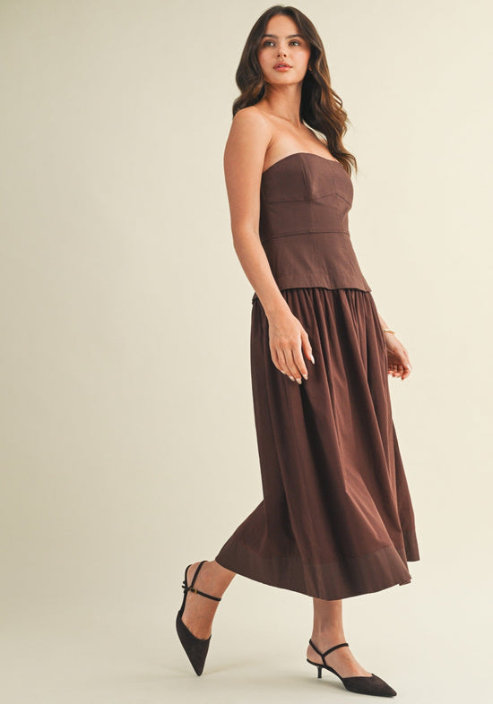 MUSTARD SEED AMERICANO CORSET LINED STRAPLESS MIDI DRESS