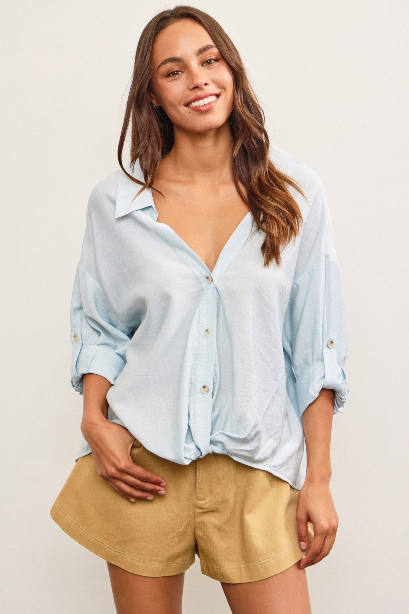 MUSTARD SEED V-NECK KNOTTED TAB BUTTON-UP SHIRT TOP – A STYLISH WOVEN BLOUSE IN ICE BLUE FOR EVERYDAY ELEGANCE