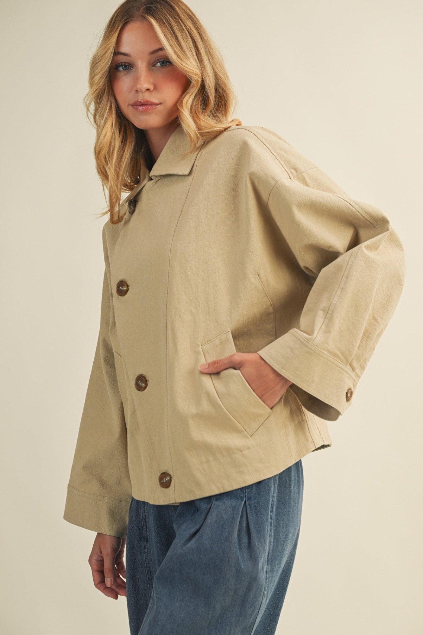 MUSTARD SEED ASYMMETRIC BUTTON CLOSURE JACKET – COLLARED BIEGE OUTERWEAR