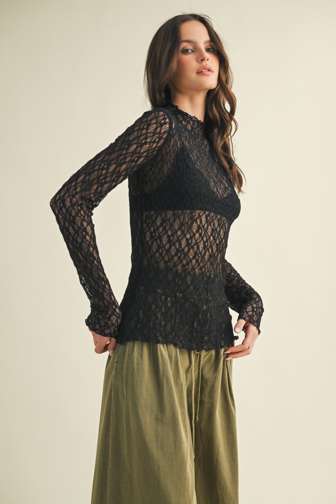 MUSTARD SEED MOCK NECK LACE TOP – AVAILABLE IN BLACK &amp; TAUPE