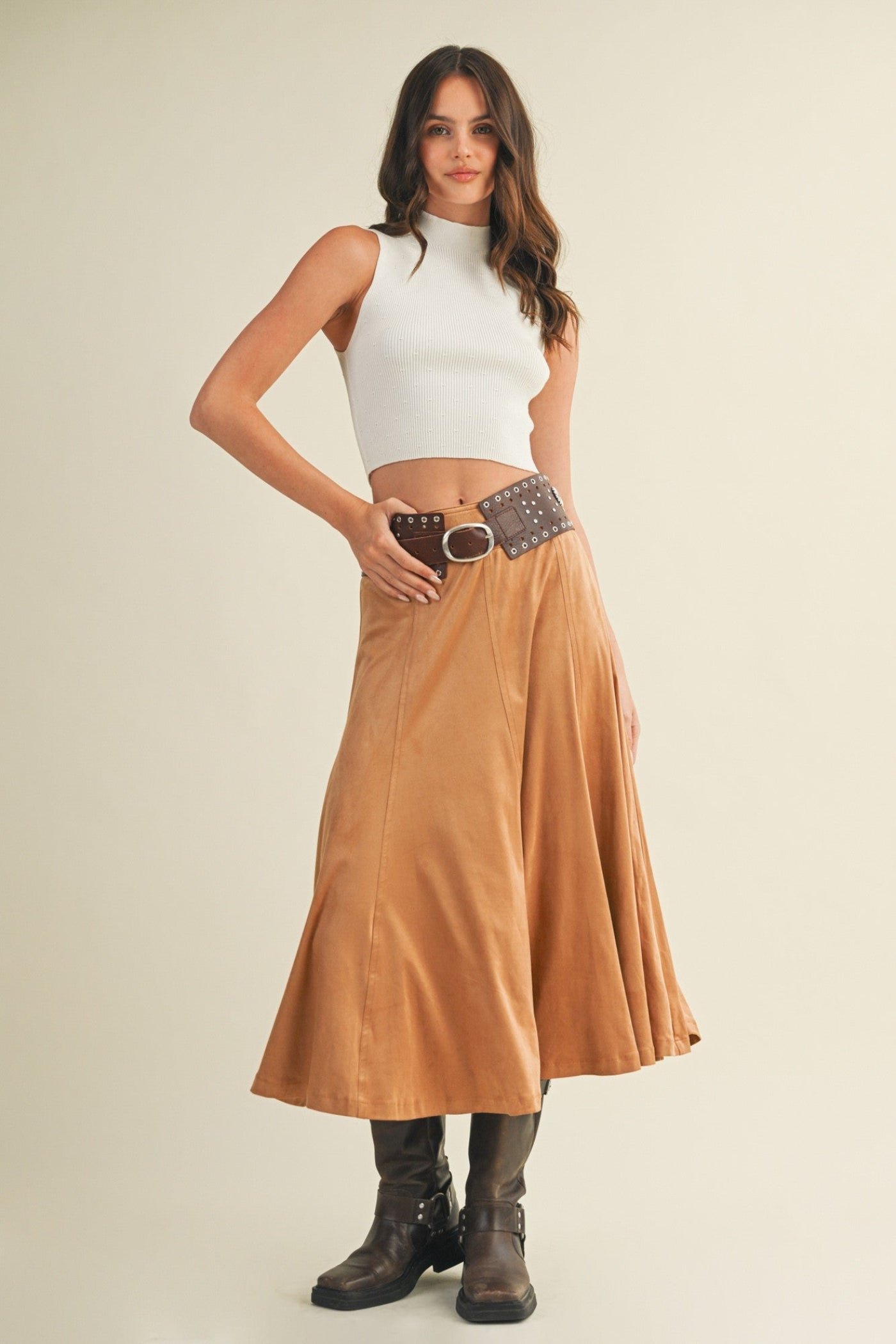 MUSTARD SEED SUEDE FLARE MIDI SKIRT – TOFFEE COLOR WITH HIDDEN ZIPPER