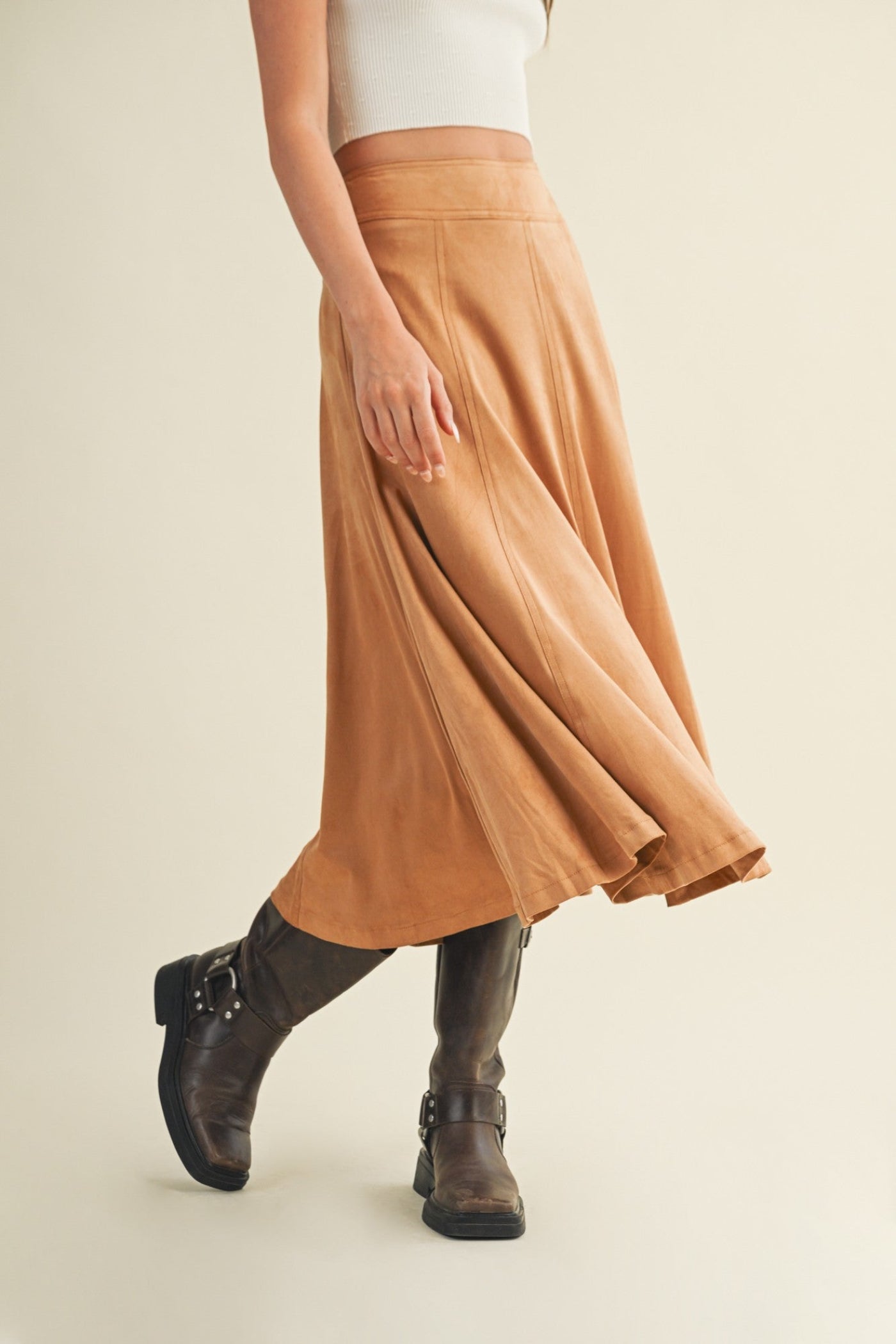 MUSTARD SEED SUEDE FLARE MIDI SKIRT – TOFFEE COLOR WITH HIDDEN ZIPPER