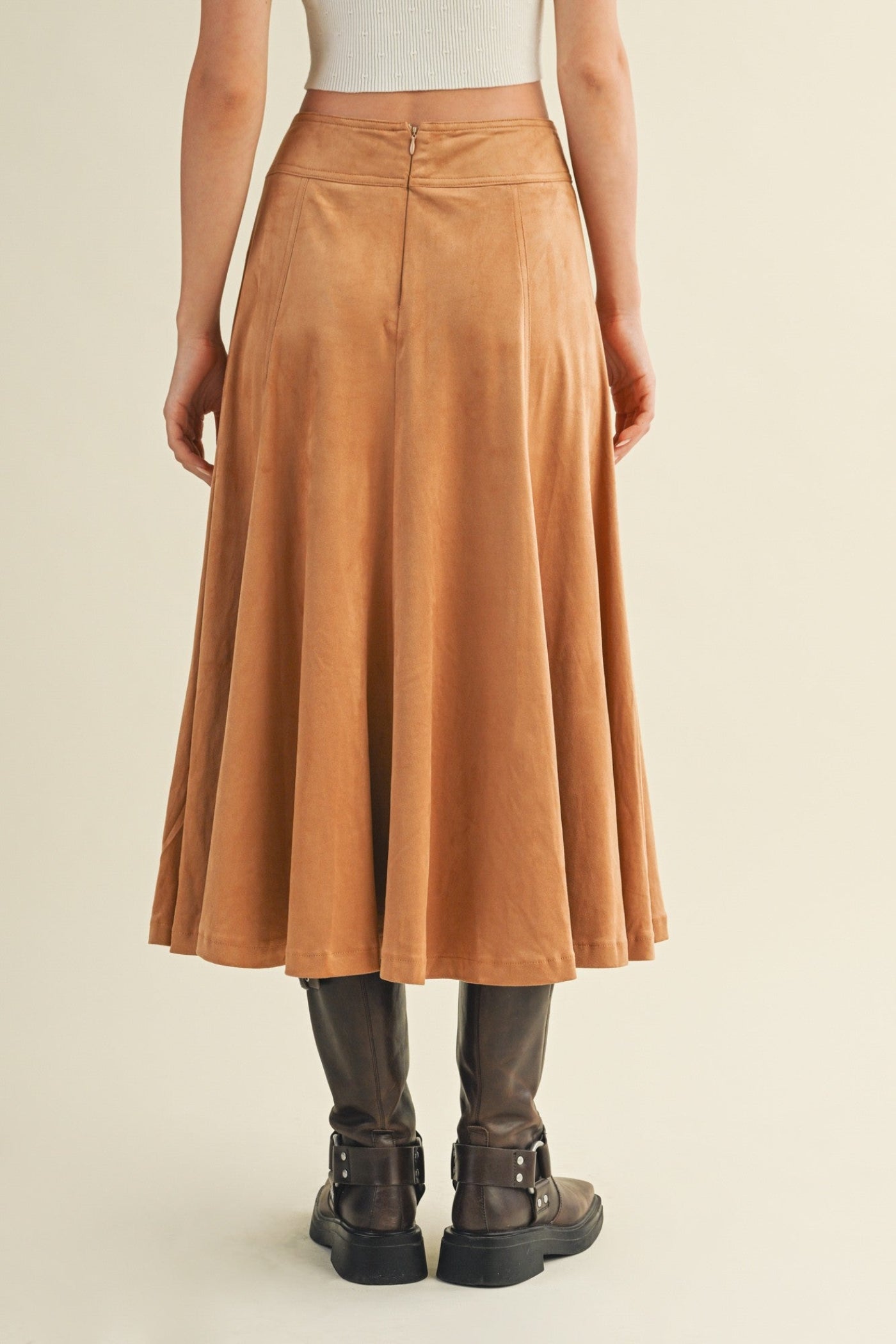 MUSTARD SEED SUEDE FLARE MIDI SKIRT – TOFFEE COLOR WITH HIDDEN ZIPPER