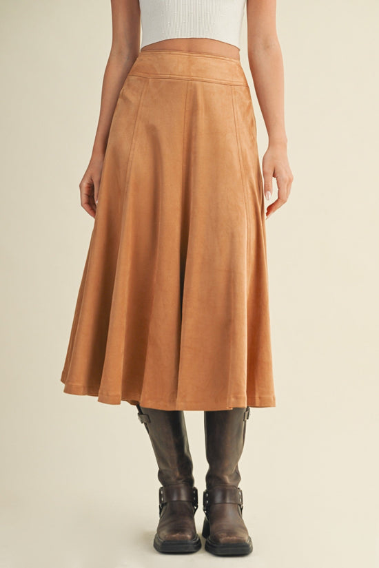 MUSTARD SEED SUEDE FLARE MIDI SKIRT – TOFFEE COLOR WITH HIDDEN ZIPPER