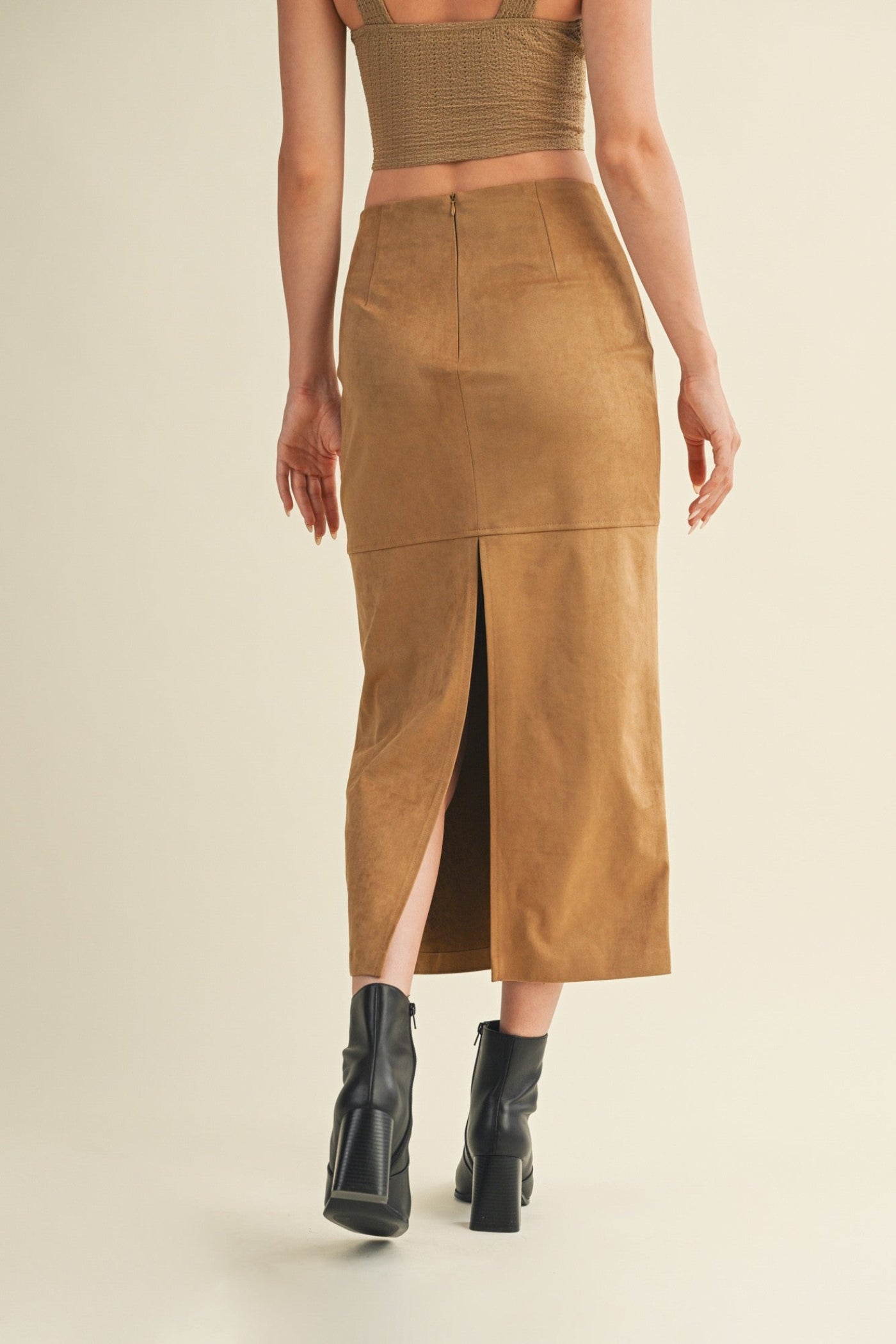 MUSTARD SEED BACK SLIT SUEDE MIDI SKIRT – TAN COLOR WITH INVISIBLE ZIPPER