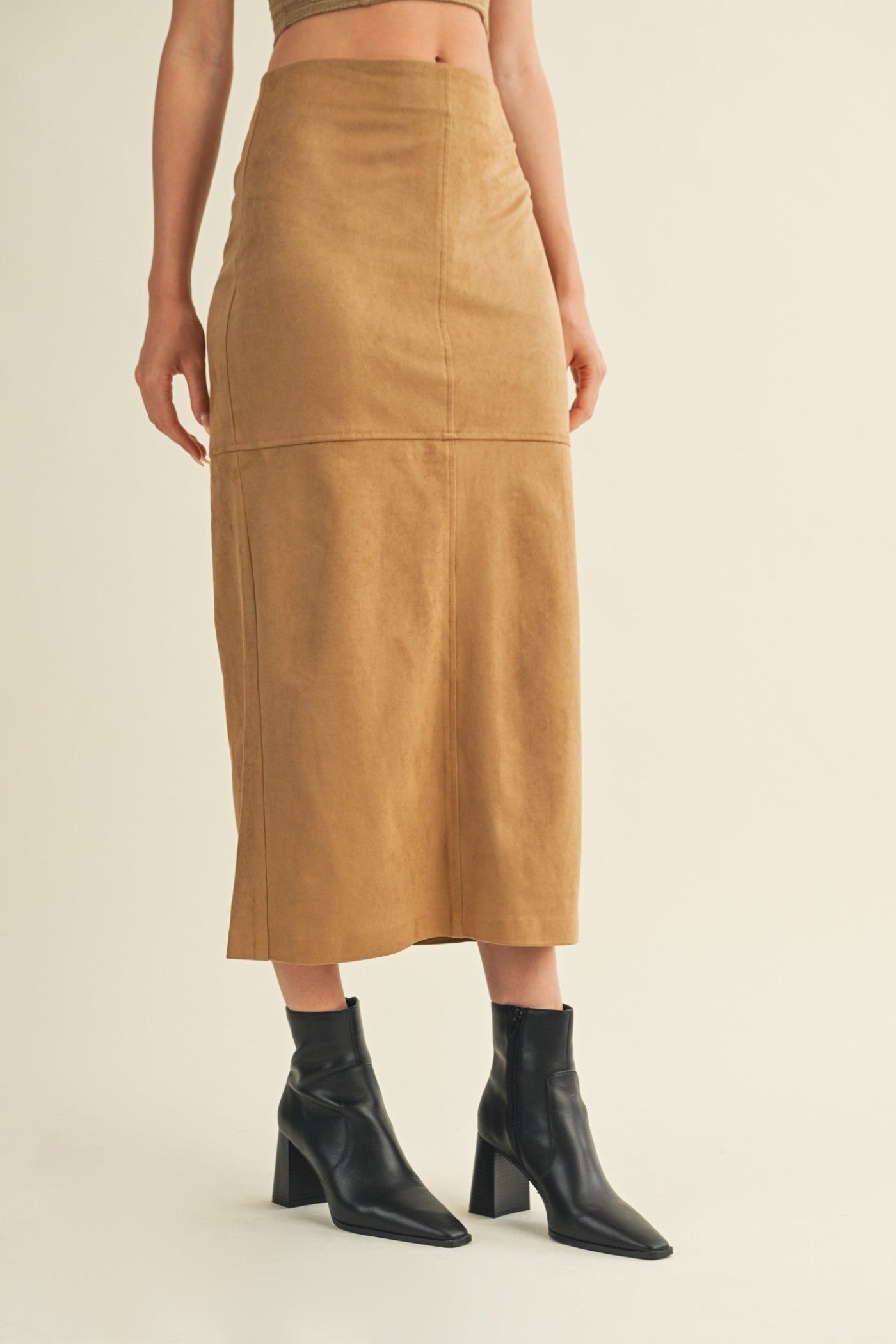 MUSTARD SEED BACK SLIT SUEDE MIDI SKIRT – TAN COLOR WITH INVISIBLE ZIPPER