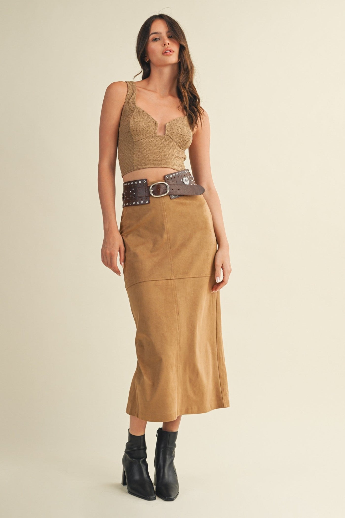 MUSTARD SEED BACK SLIT SUEDE MIDI SKIRT – TAN COLOR WITH INVISIBLE ZIPPER