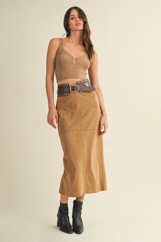 MUSTARD SEED BACK SLIT SUEDE MIDI SKIRT – TAN COLOR WITH INVISIBLE ZIPPER