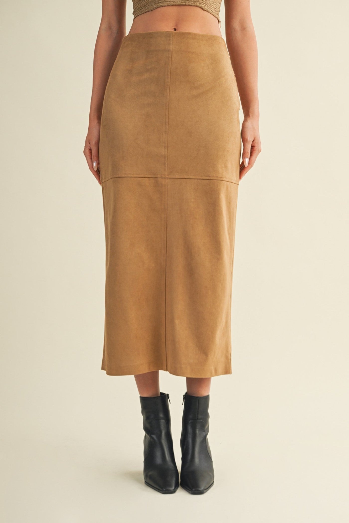 MUSTARD SEED BACK SLIT SUEDE MIDI SKIRT – TAN COLOR WITH INVISIBLE ZIPPER