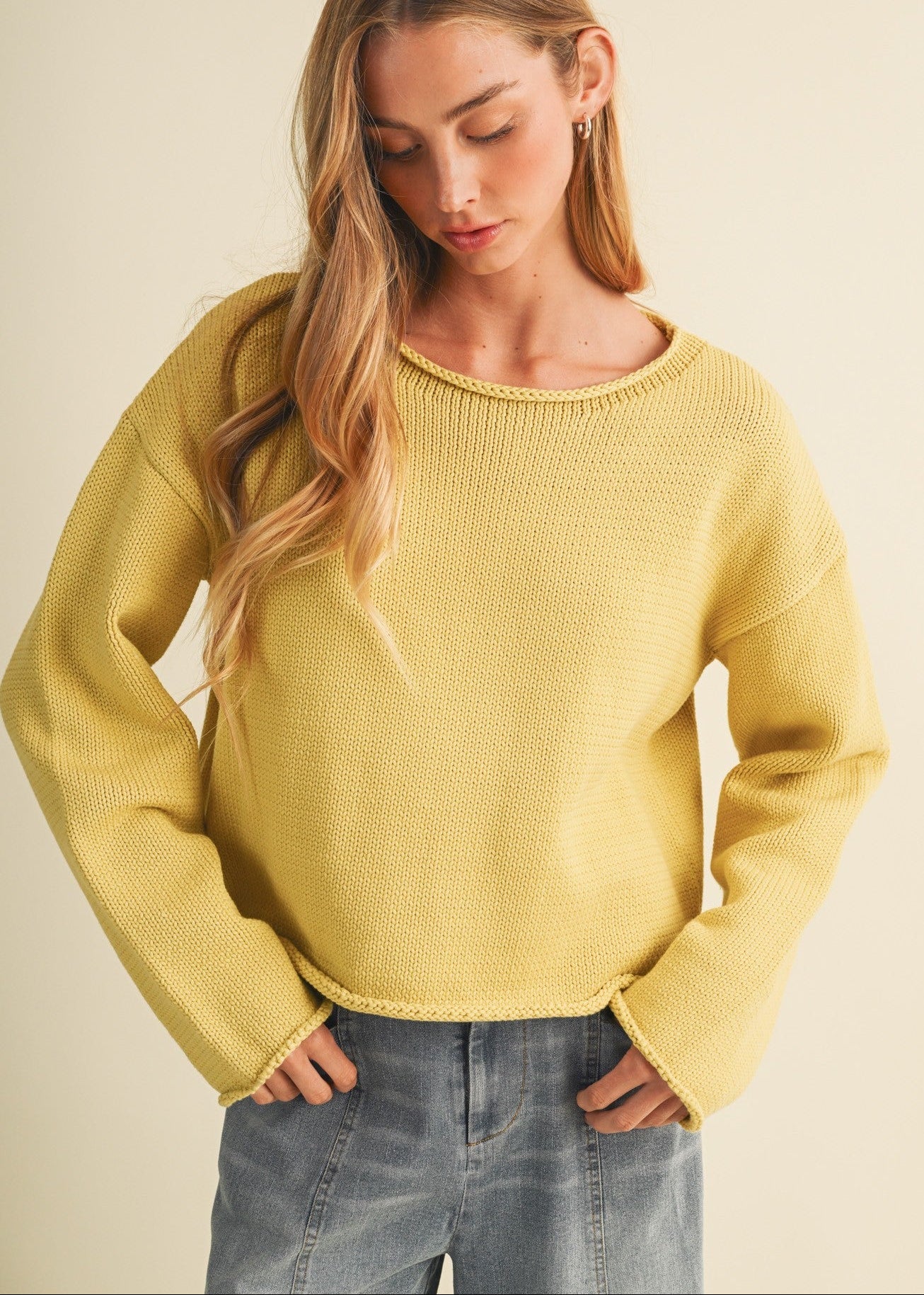 Custard Bateau Neck Dropped Shoulder Sweater