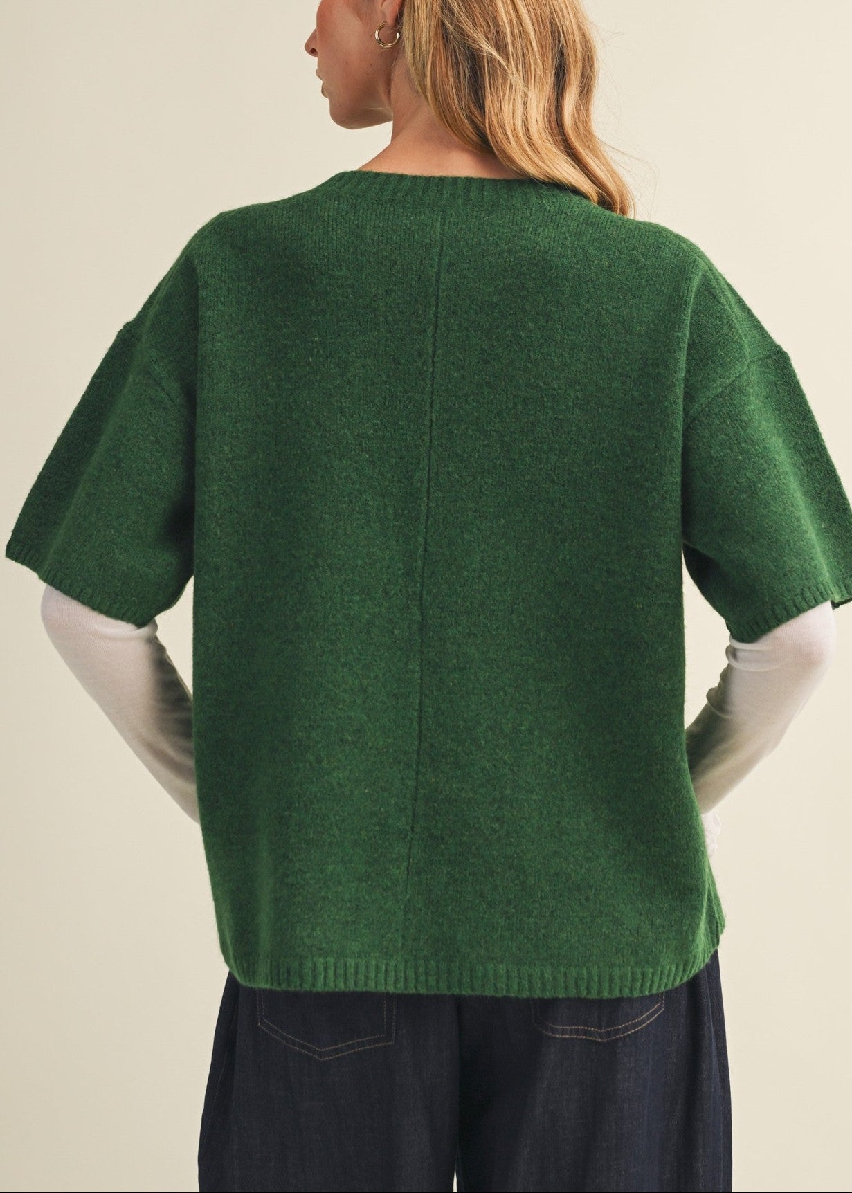 CACTUS GREEN BOXY DROP-SHOULDER SHORT-SLEEVE KNIT TOP