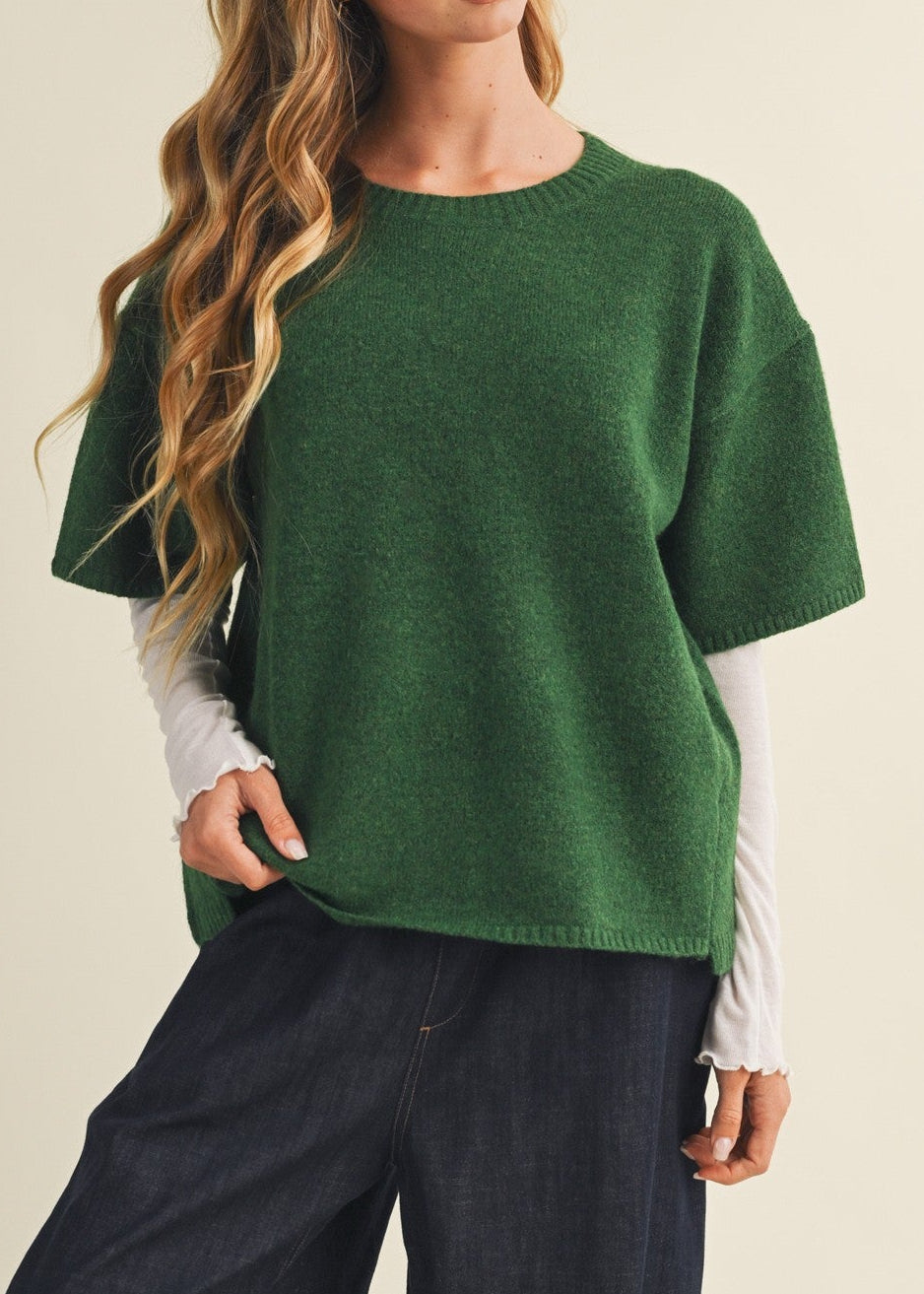 CACTUS GREEN BOXY DROP-SHOULDER SHORT-SLEEVE KNIT TOP