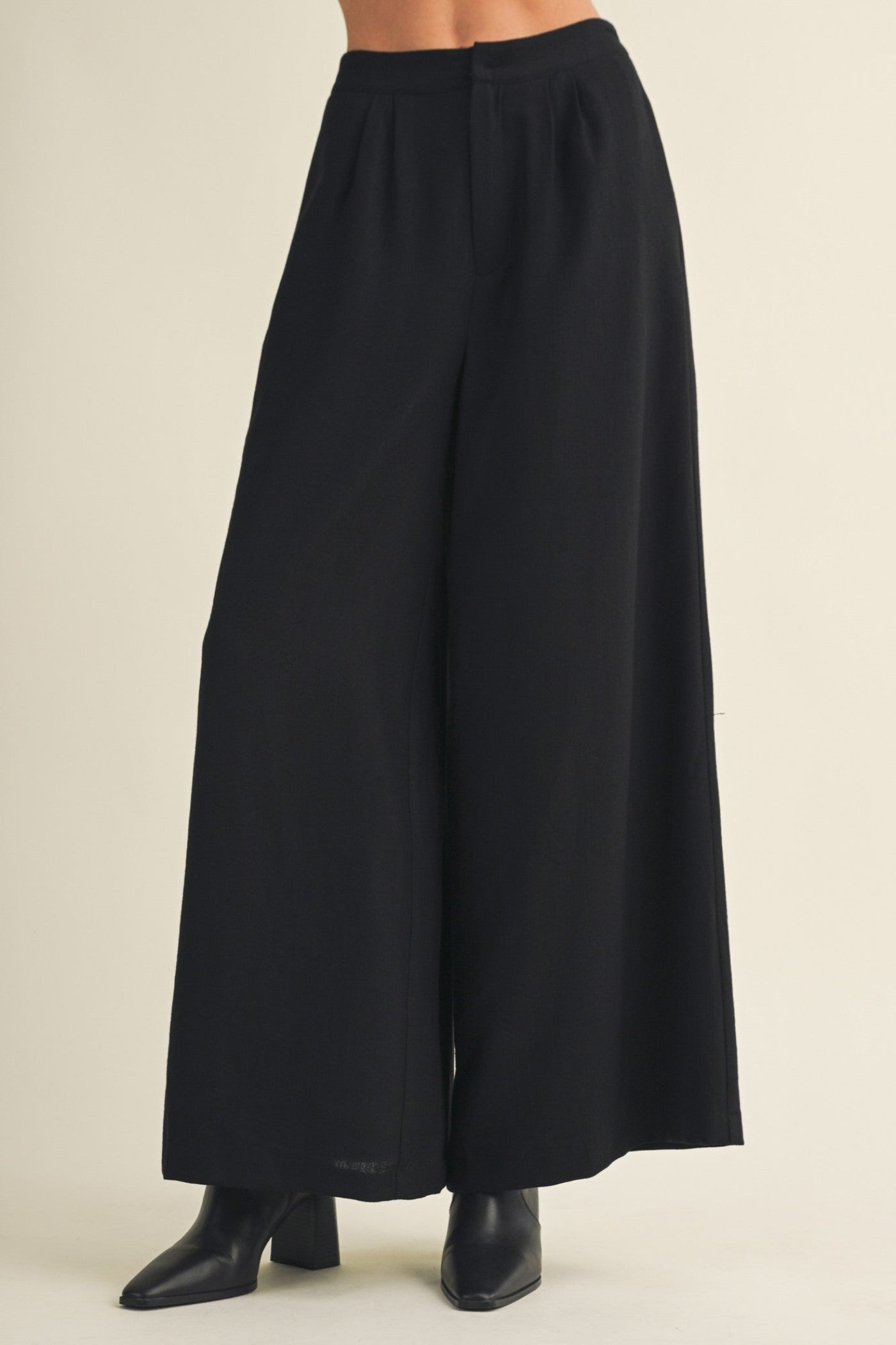 Black wide-leg cropped pants shown on a model from the waist down, paired with black pointed-toe ankle boots against a light beige studio background.