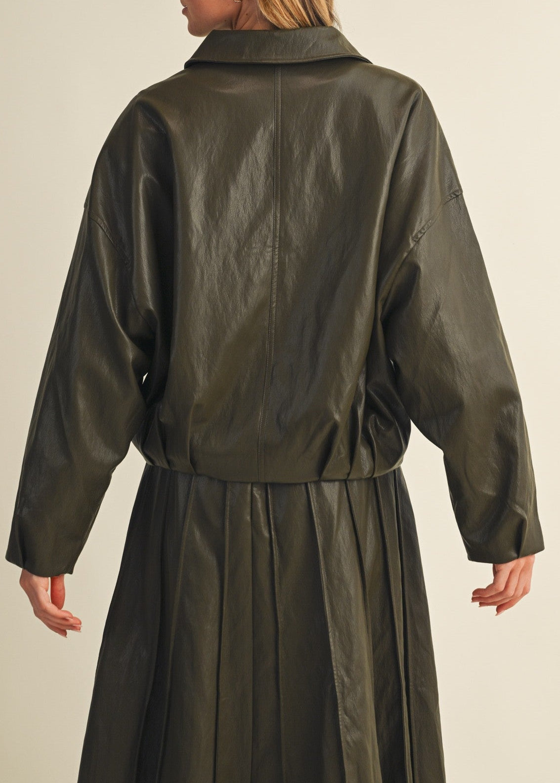 OLIVE FAUX LEATHER BELTED DROPPED SHOULDER JACKET