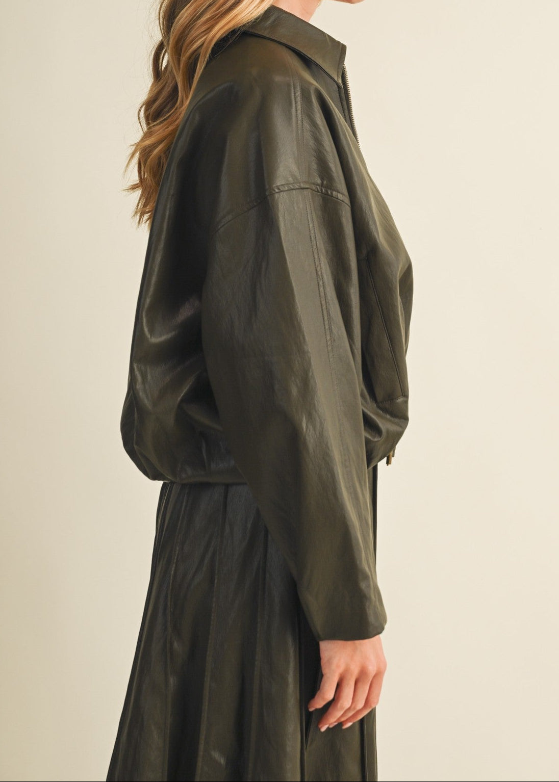 OLIVE FAUX LEATHER BELTED DROPPED SHOULDER JACKET