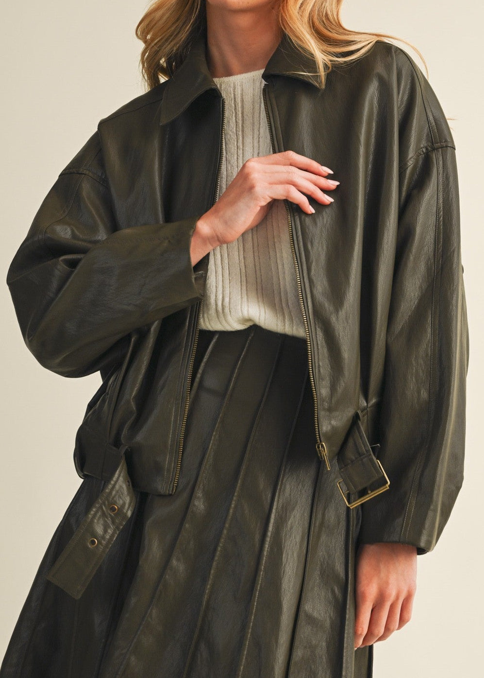 OLIVE FAUX LEATHER BELTED DROPPED SHOULDER JACKET