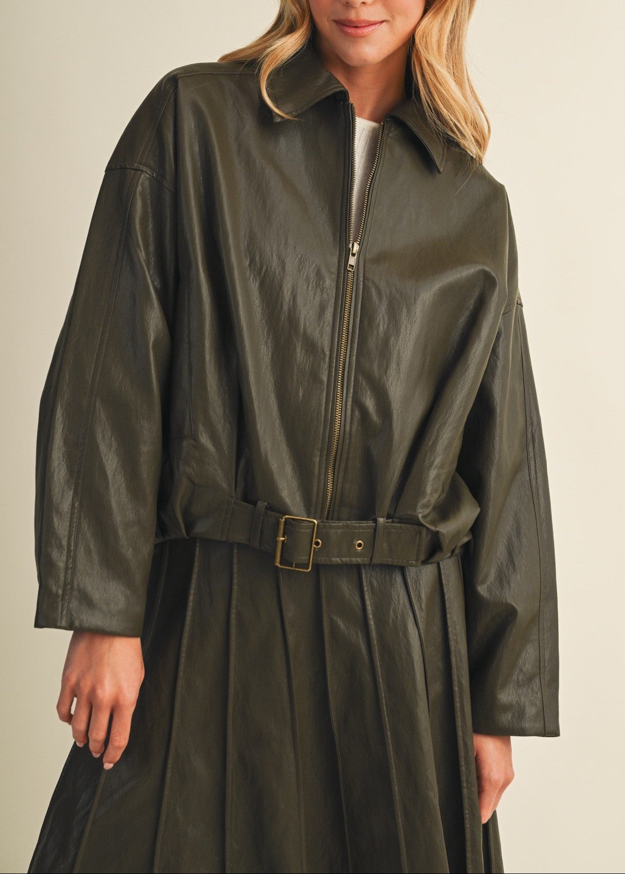 OLIVE FAUX LEATHER BELTED DROPPED SHOULDER JACKET