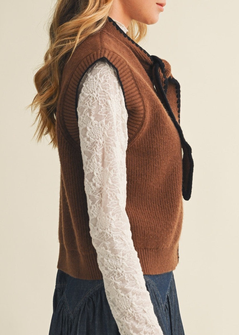 Brown Scallop-trim Tie-neck Ribbed Knit Vest