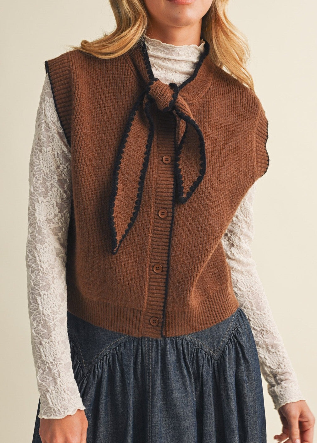 Brown Scallop-trim Tie-neck Ribbed Knit Vest