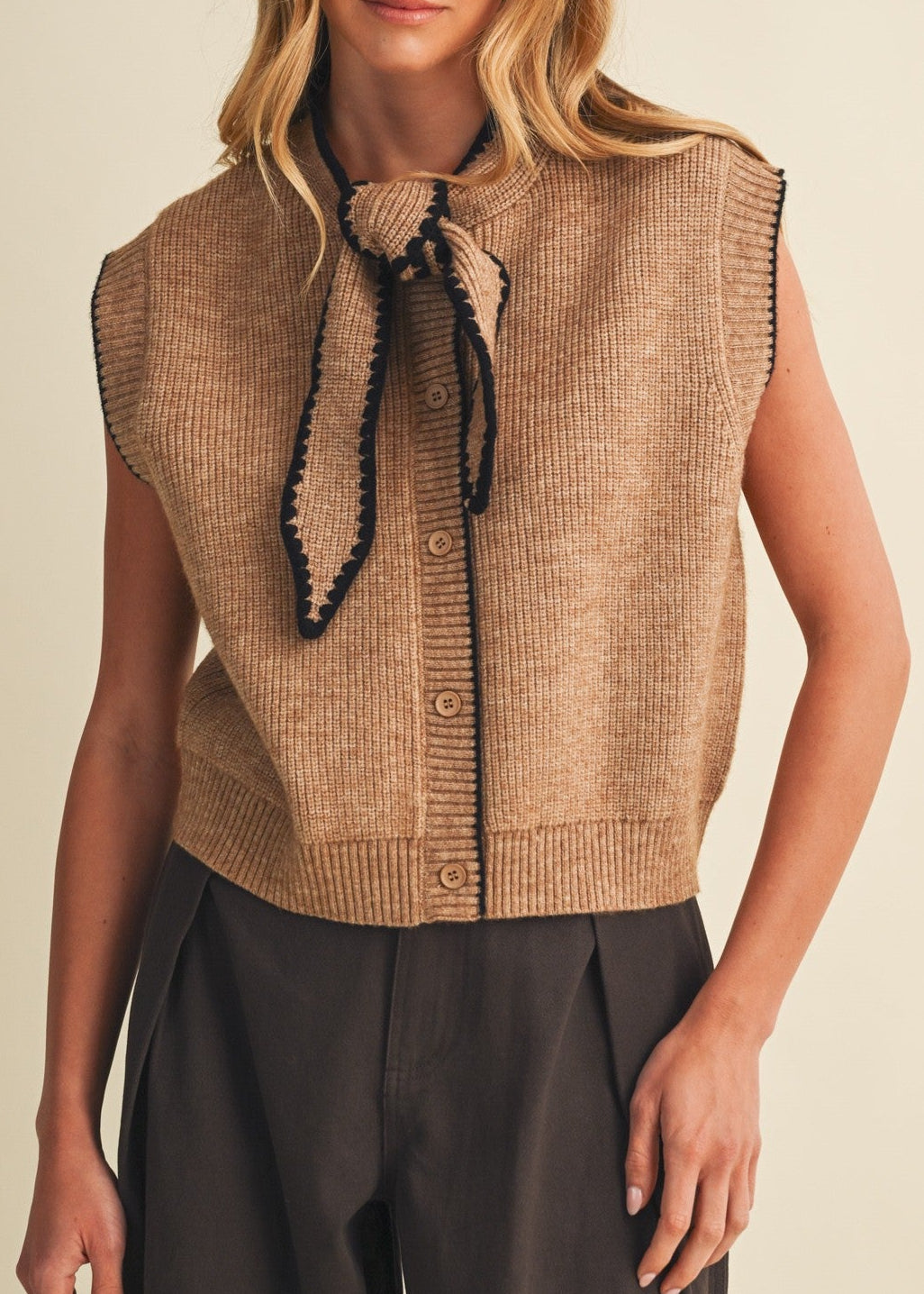 Mocha Brown Scallop-trim Tie-neck Ribbed Knit Vest