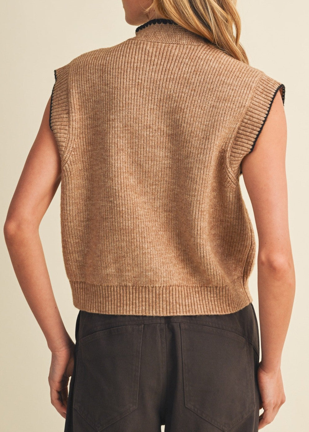 Mocha Scallop-trim Tie-neck Ribbed Knit Vest