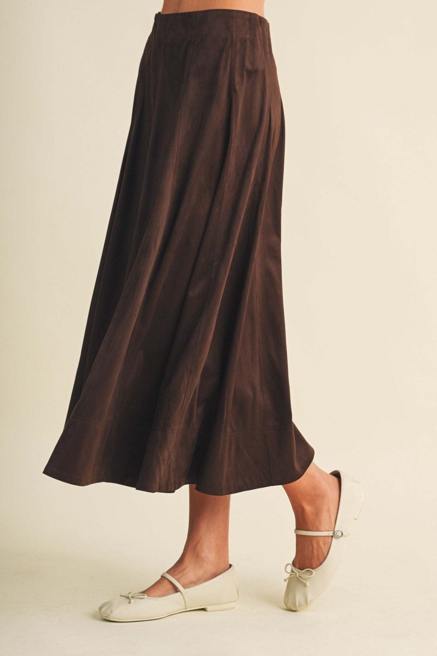 CHOCOLATE BROWN FAUX SUEDE A-LINE PANEL MIDI SKIRT