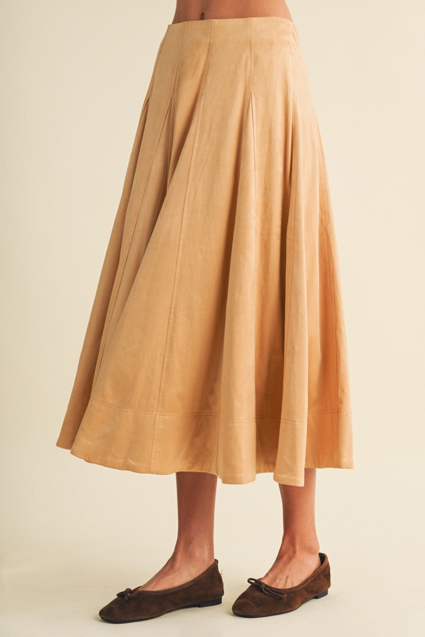 TAN FAUX SUEDE A-LINE PANEL MIDI SKIRT