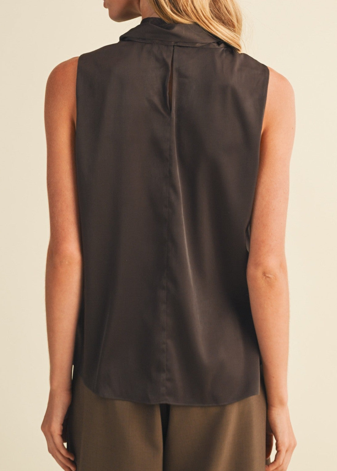 SLEEVELESS SATIN MOCK NECK TOP BROWN COLOR