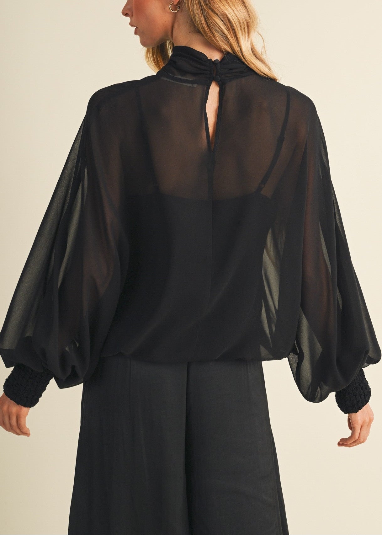 BLACK SMOCKED BISHOP SLEEVE TOP