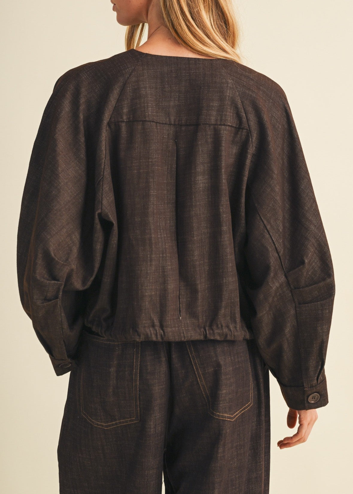 COLLARLESS ESPRESSO DENIM JACKET