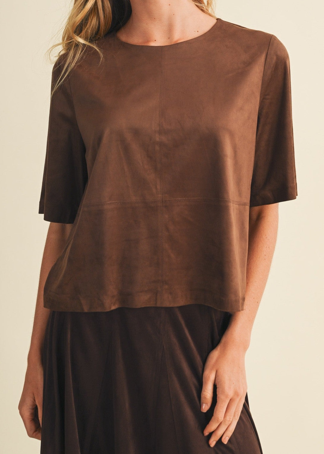 ESPRESSO FAUX SUEDE SHORT SLEEVE TOP