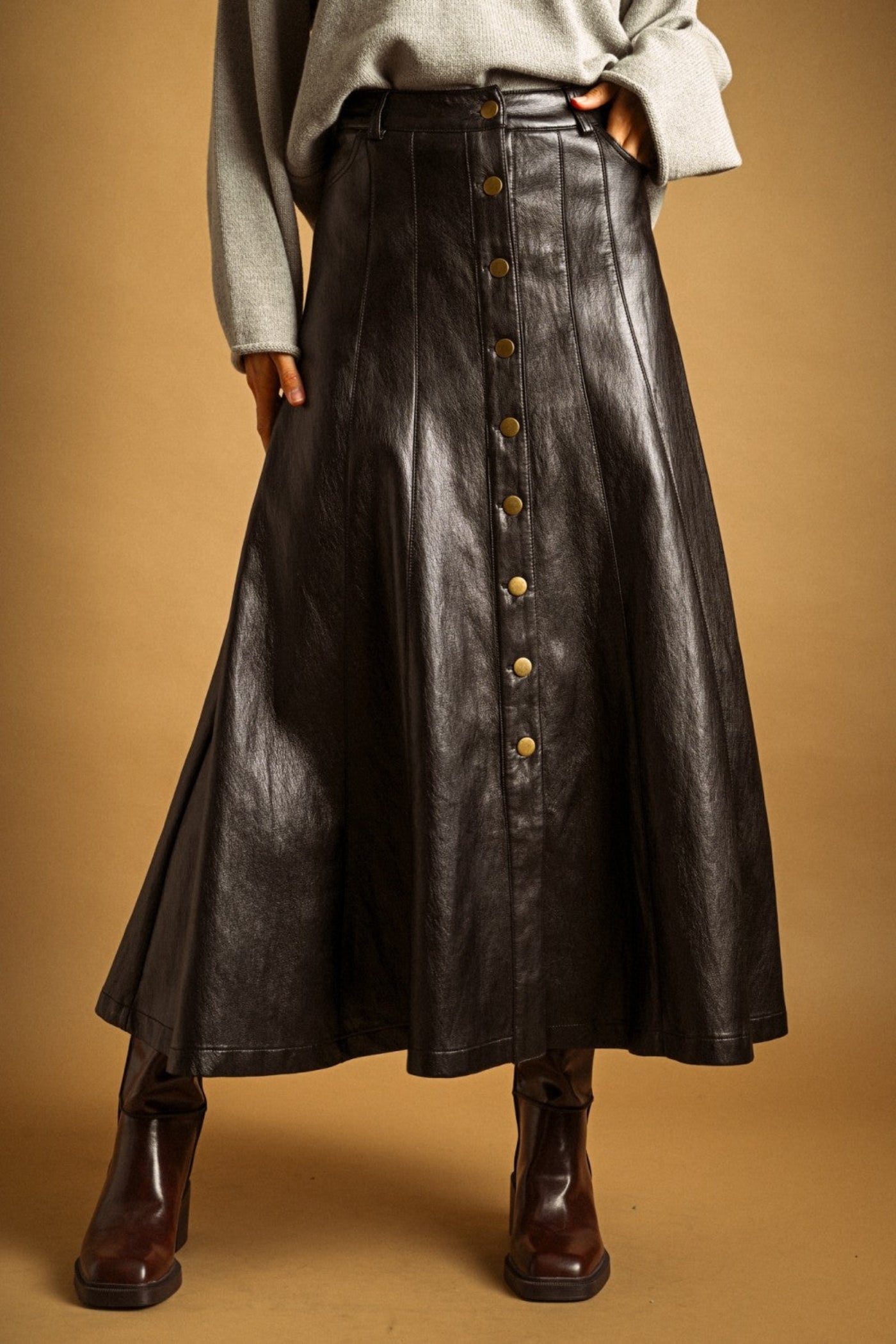 Black Faux Leather Button Front Long Skirt