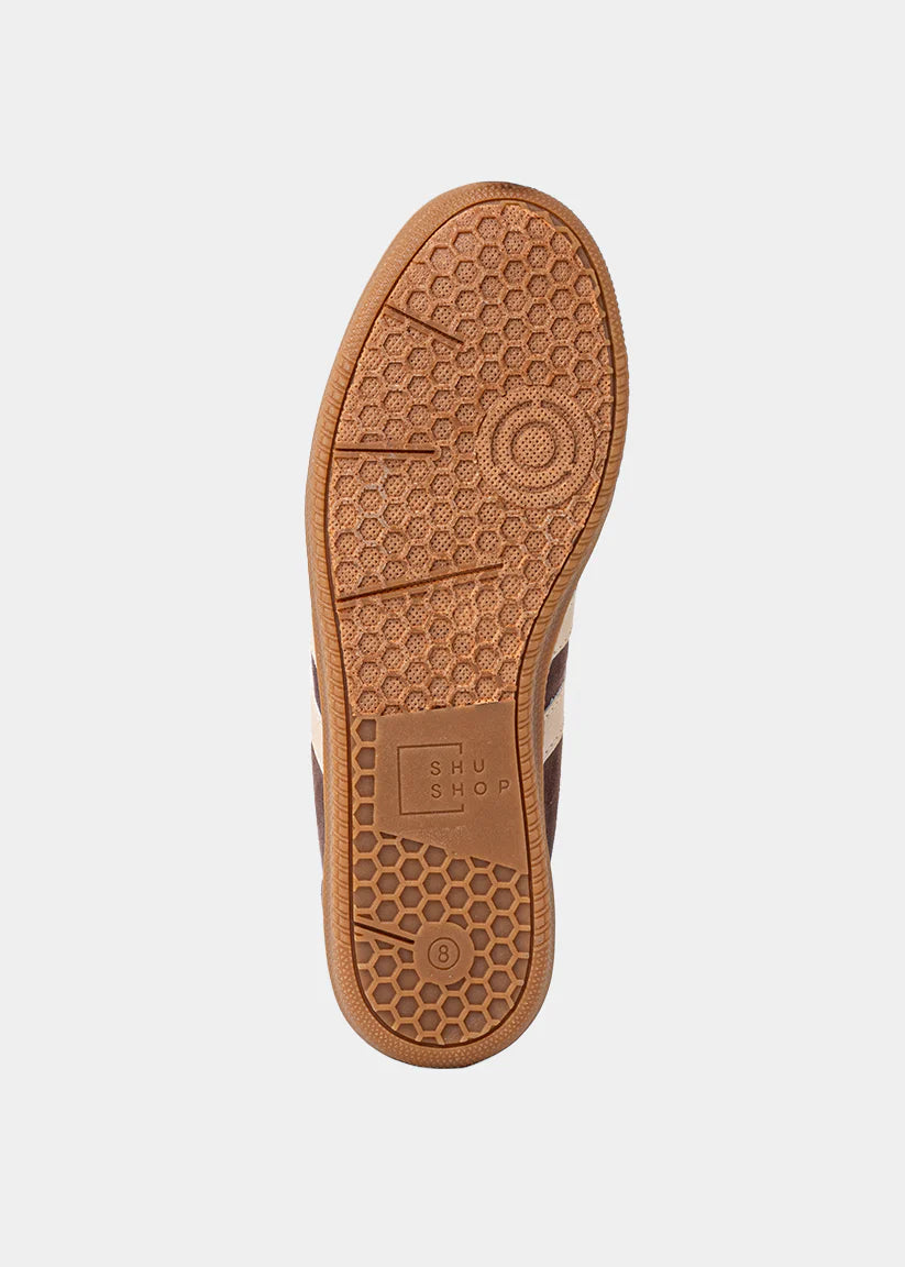 SHU SHOP SASHA BROWN – A SUEDE AND MESH SNEAKER WITH IVORY STRIPES AND A GUM RUBBER SOLE