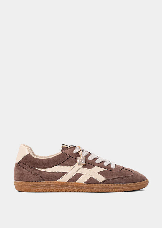 SHU SHOP SASHA BROWN – A SUEDE AND MESH SNEAKER WITH IVORY STRIPES AND A GUM RUBBER SOLE