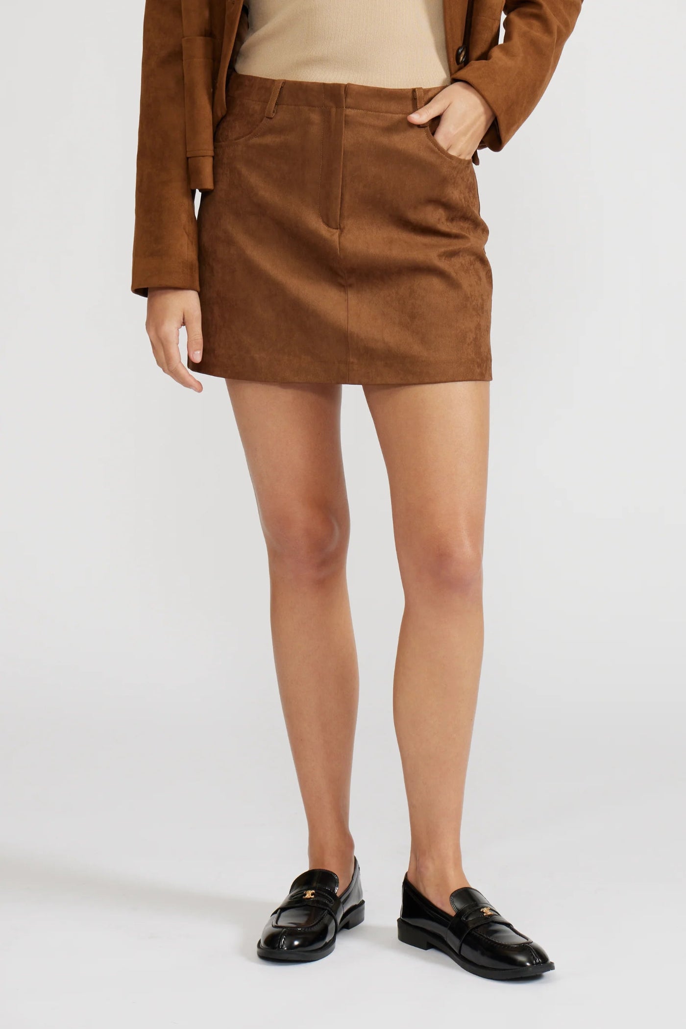 LUCY PARIS DARRY MINI SKIRT – TOFFEE WITH BELT LOOPS