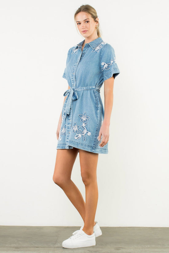 THML EMBROIDERED FLOWER DENIM MINI DRESS – TIE WAIST BELT