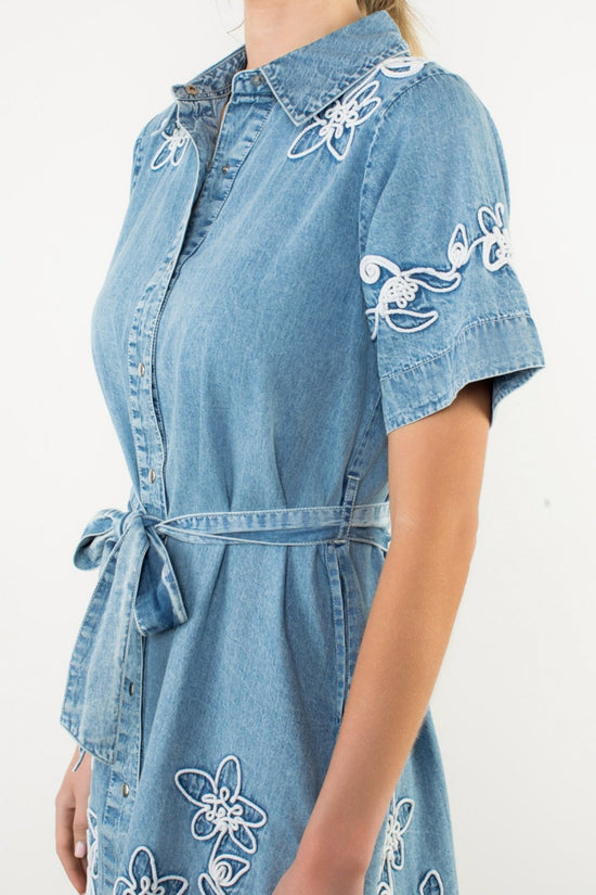 THML EMBROIDERED FLOWER DENIM MINI DRESS – TIE WAIST BELT