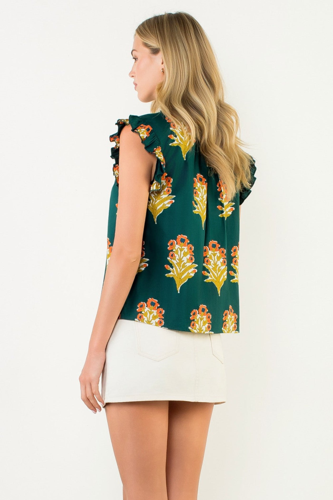 FLUTTER SLEEVE FLORAL DETAIL TOP – GREEN FLORAL PRINT