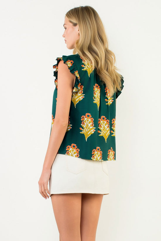 FLUTTER SLEEVE FLORAL DETAIL TOP – GREEN FLORAL PRINT