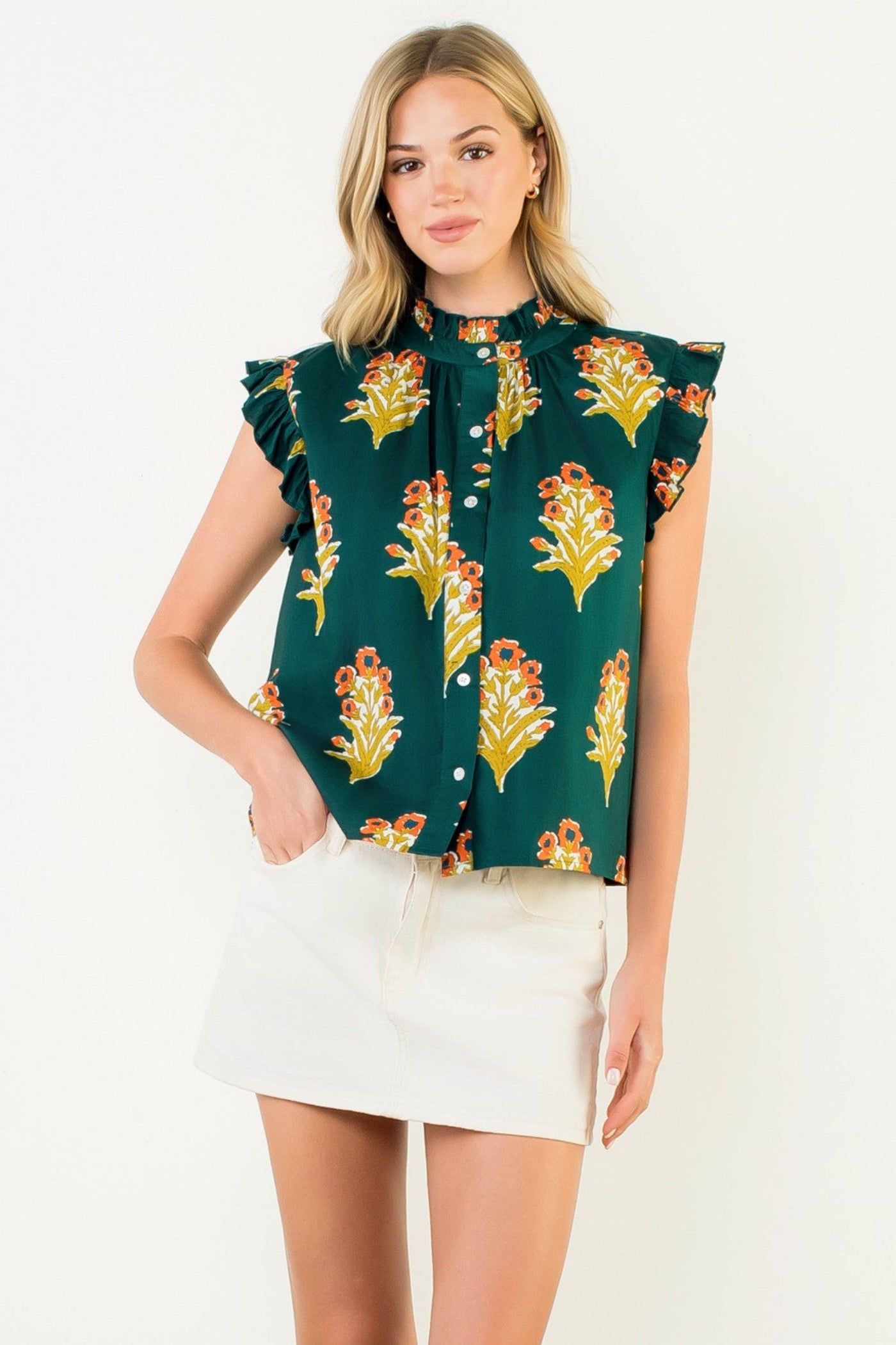 THML FLUTTER SLEEVE FLORAL DETAIL TOP – GREEN FLORAL PRINT