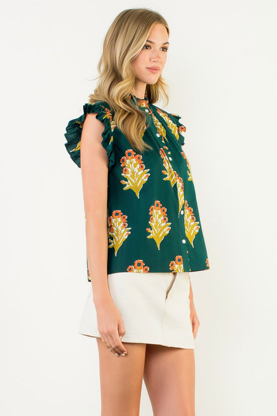 FLUTTER SLEEVE FLORAL DETAIL TOP – GREEN FLORAL PRINT