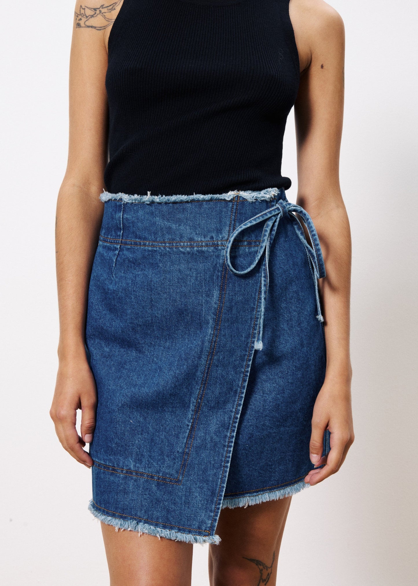 FRNCH NISE BLUE JEAN SKIRT – MODERN WRAP STYLE IN CLASSIC DENIM