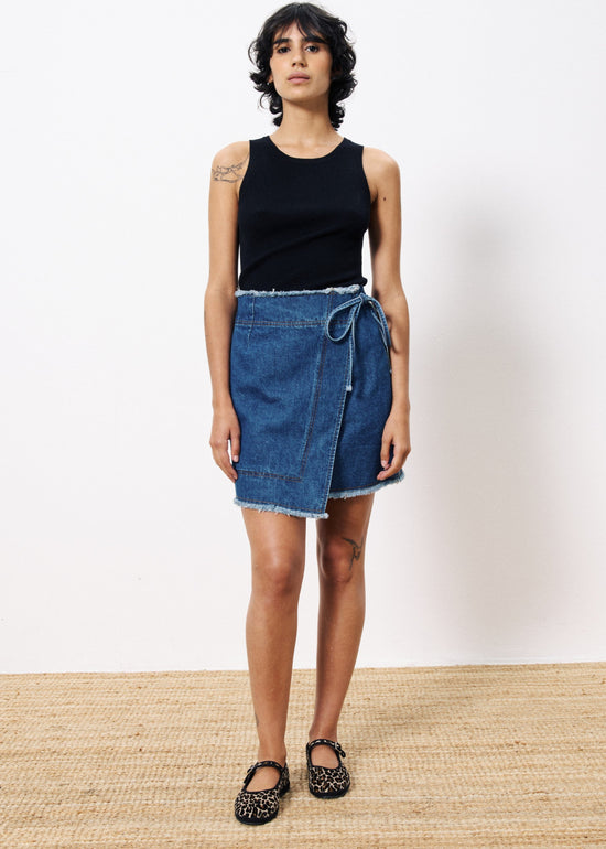 FRNCH NISE BLUE JEAN SKIRT – MODERN WRAP STYLE IN CLASSIC DENIM 