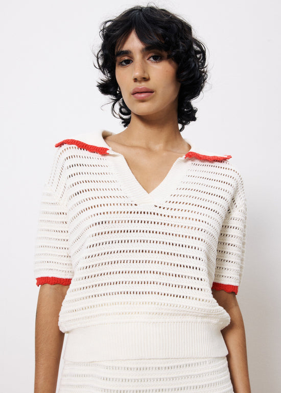FRNCH CAINA CREAM SWEATER – COTTON POLO STYLE WITH EYE-CATCHING CONTRAST DETAILS
