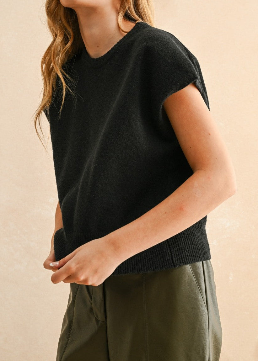 black Loose Fit Short Sleeve Sweater Top