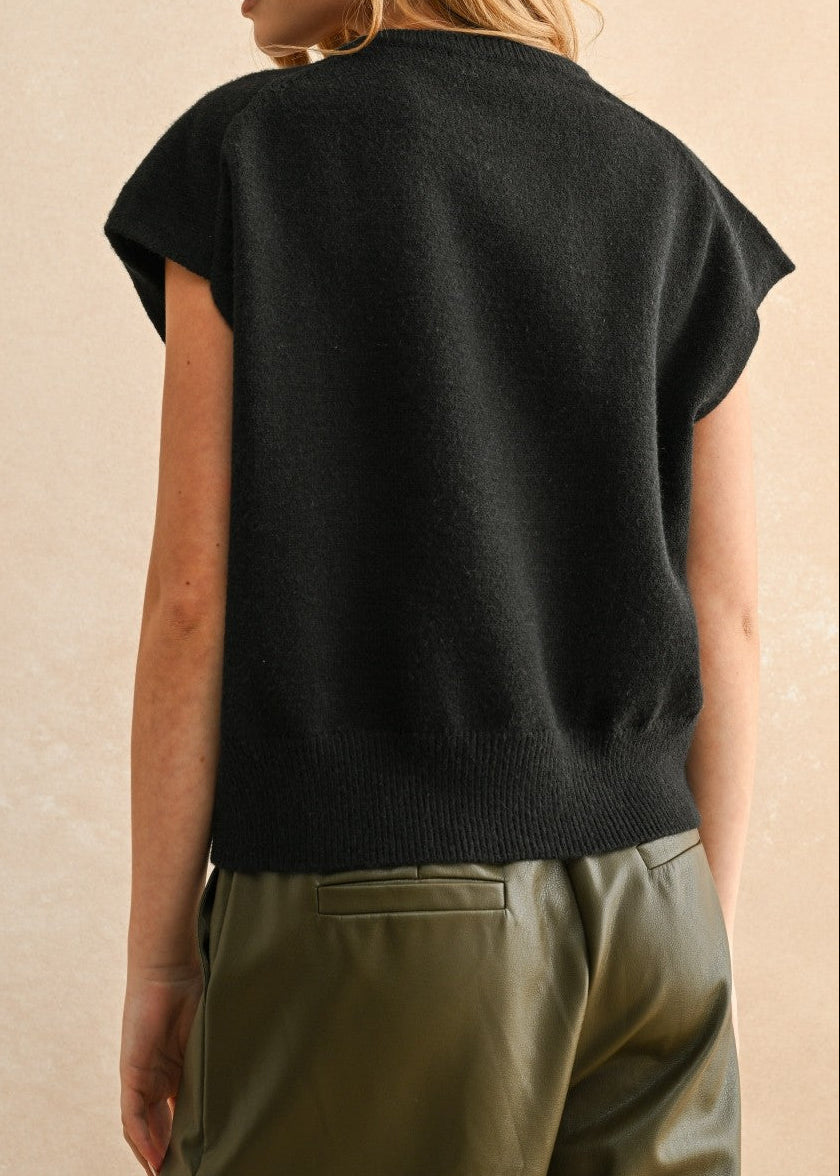 black Loose Fit Short Sleeve Sweater Top