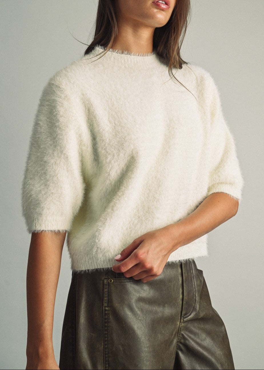 Fuzzy Cropped Faux-fur Sweater With Round Neck
