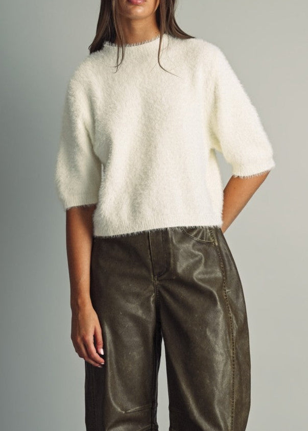 Fuzzy Cropped Faux-fur Sweater With Round Neck