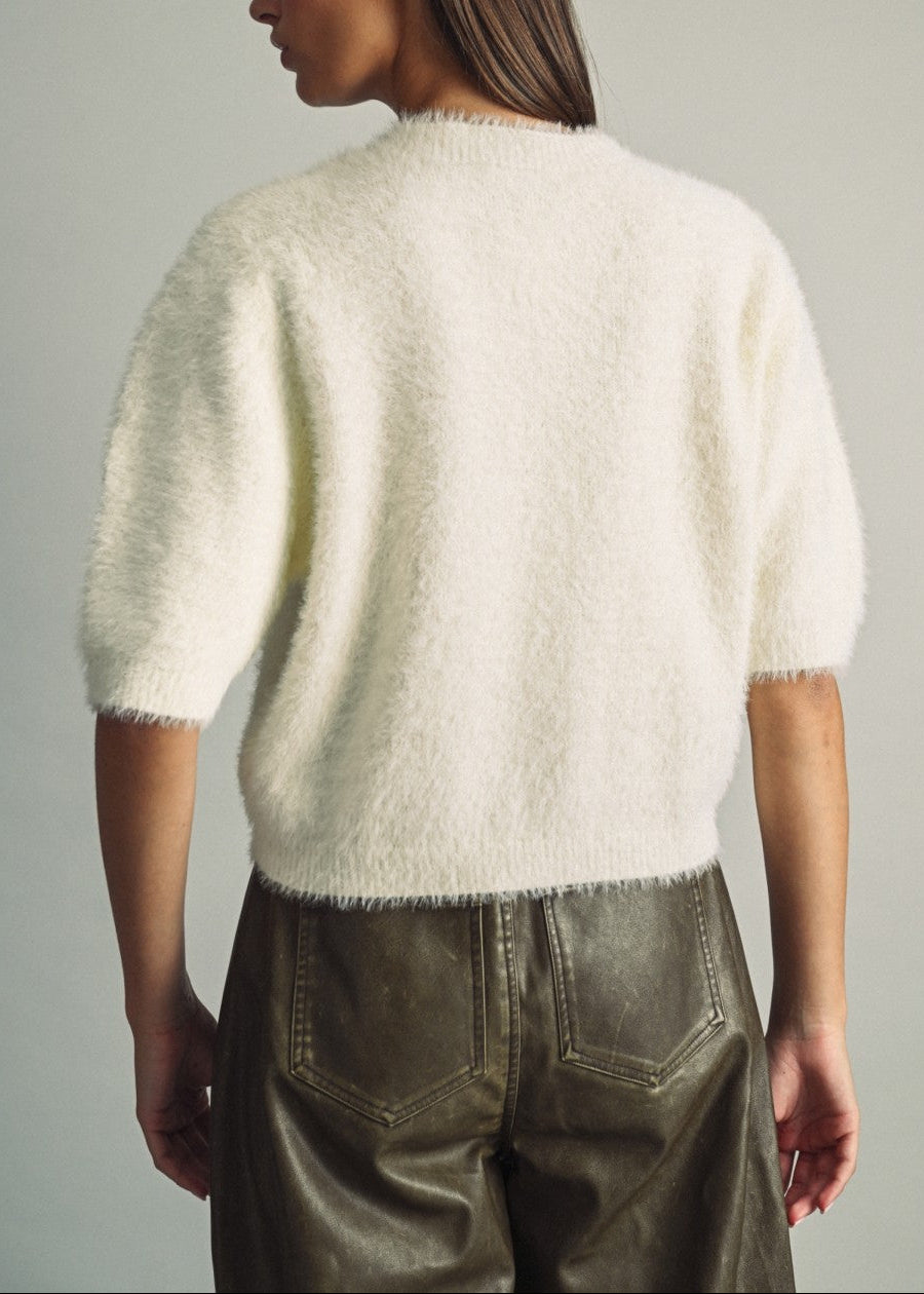 Fuzzy Cropped Faux-fur Sweater With Round Neck